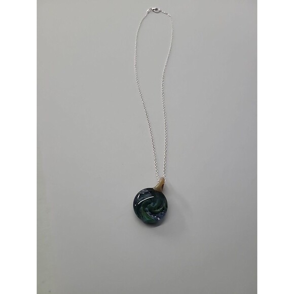 Vintage Handcrafted Art Glass Pendant Necklace Swirl Design in Blue Green Aqua - Picture 13 of 14
